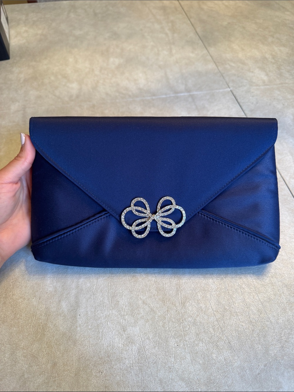 La Regale Navy Satin Envelope Clutch with Crystal Bow Accent